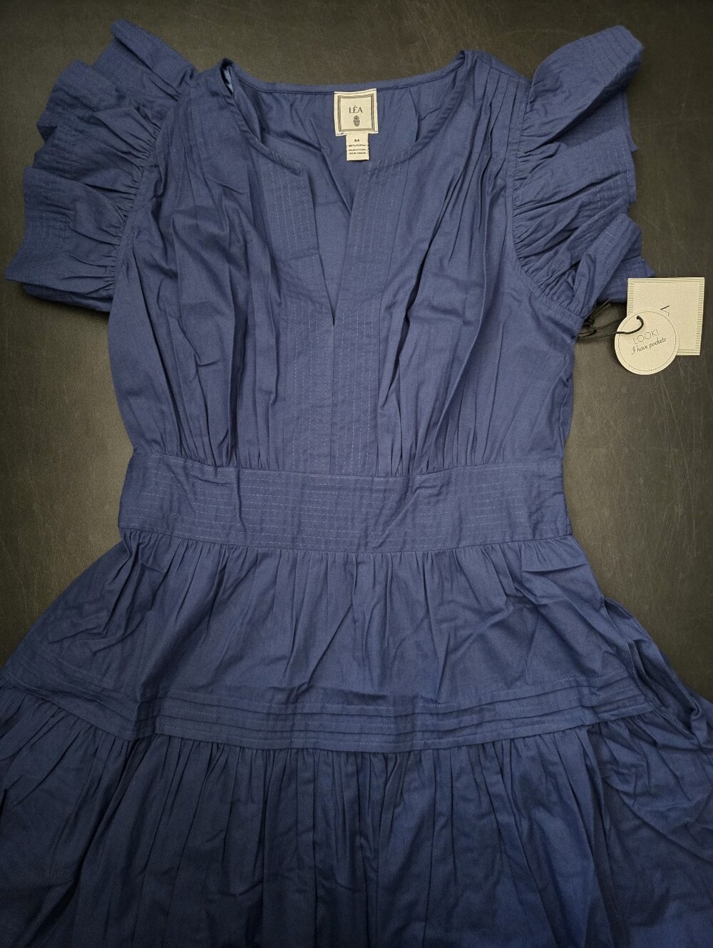 NWT - LEA Cotton Poplin Flutter Sleeve Split Neck Smocked Back Midi Dress-Size M - Picture 9 of 14